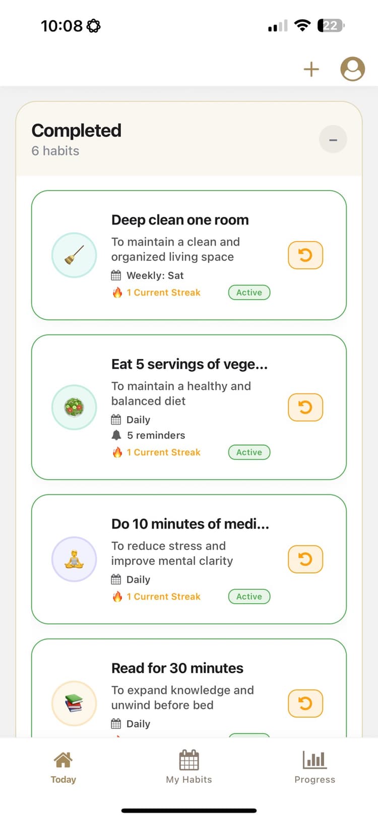 Completed habits with AI-generated encouragement message
