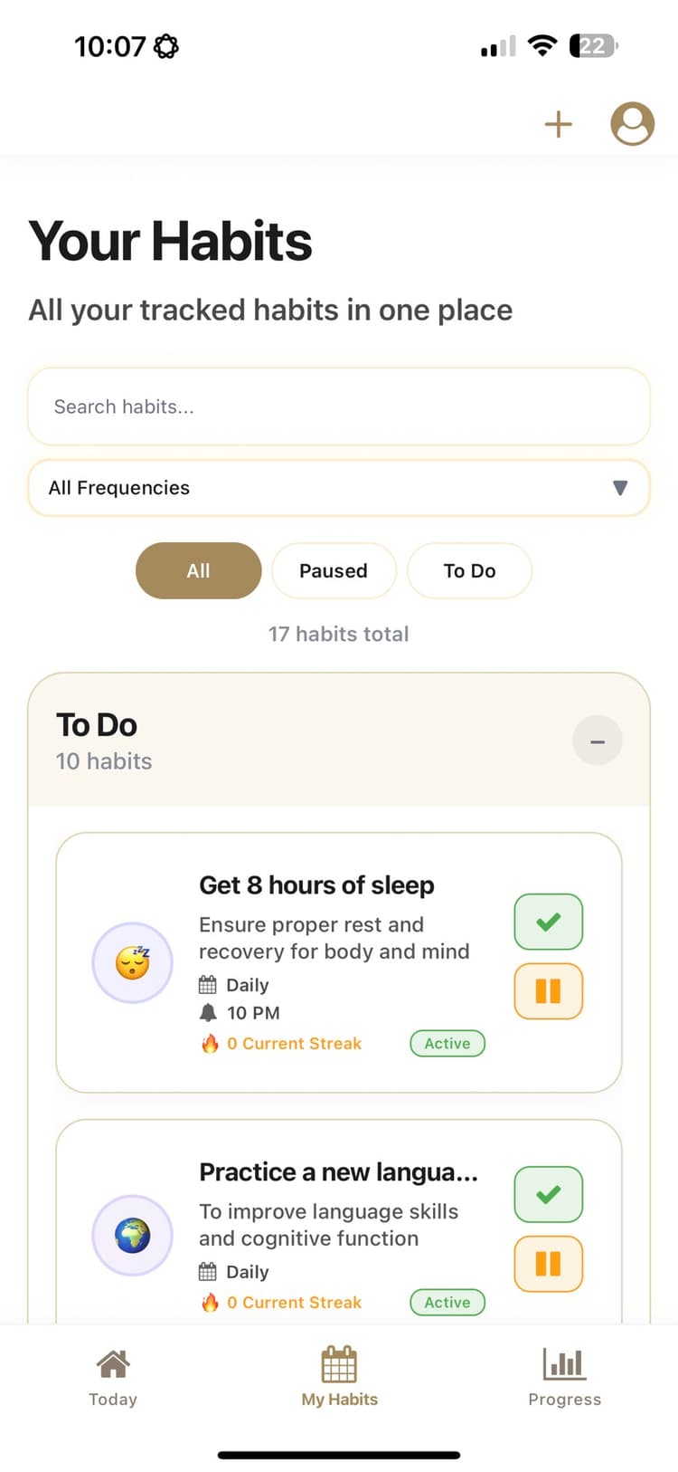 My Habits view with search and filter options