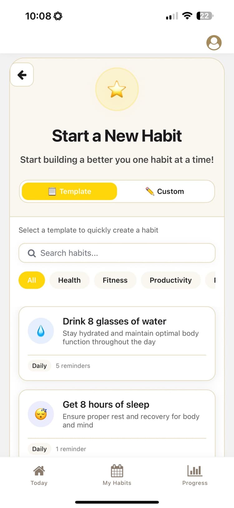 Create new habit screen with customization options
