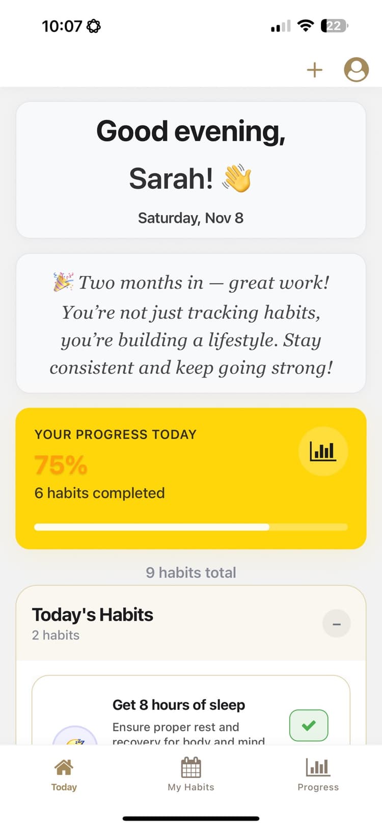Today's habits view showing completed and pending habits