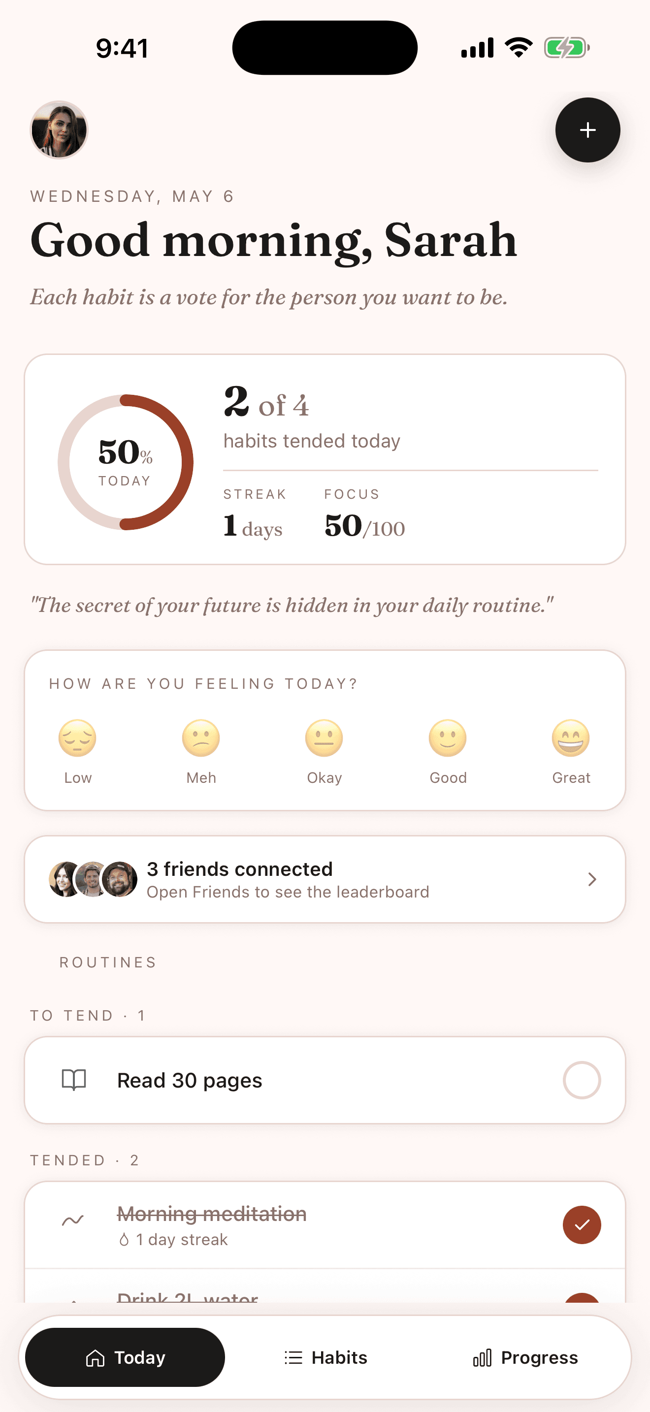 The day view: today's habits, and nothing you are behind on.